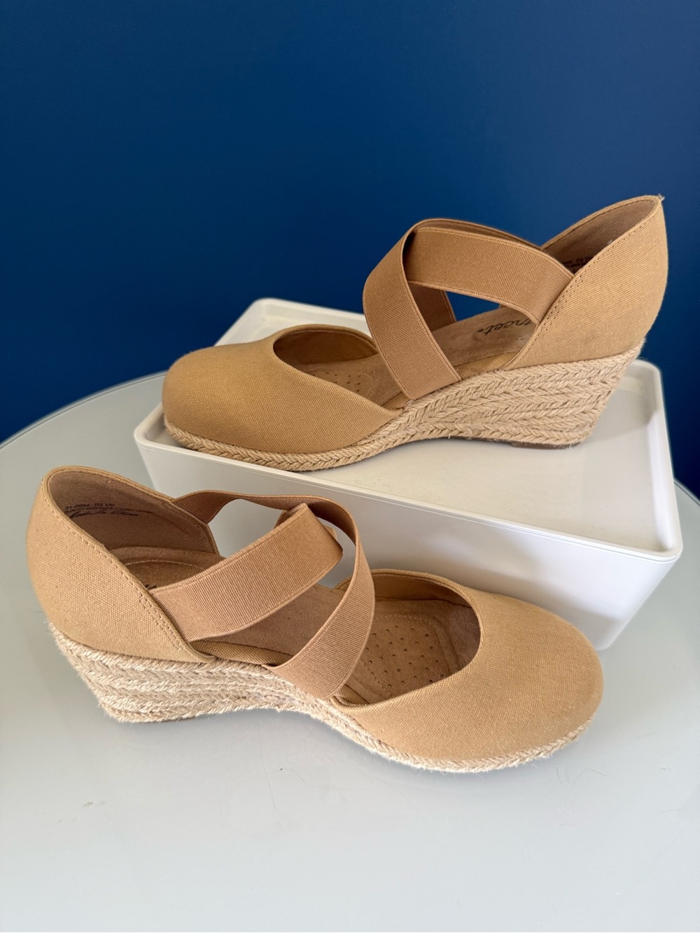 Easy street 6.5 wide -  Tan Espadrille Wedge with Crisscross Elastic Straps